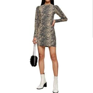 Topshop Bodycon Snakeskin Mini Dress Puff Sleeves Modern Chic‎ Women's Size 6